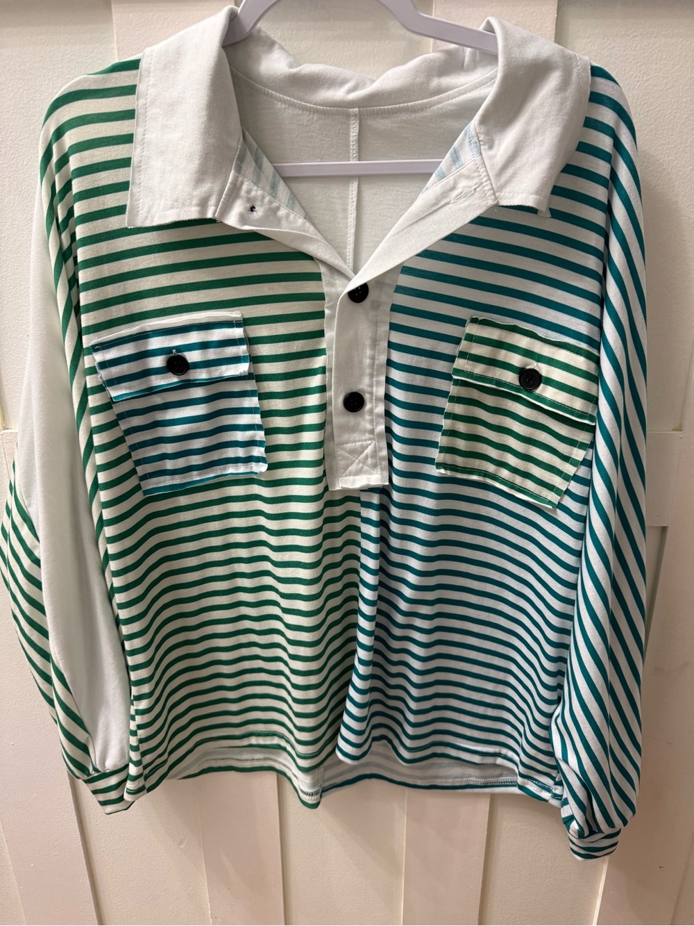 SHEIN Green and Teal Striped Polo Shirt